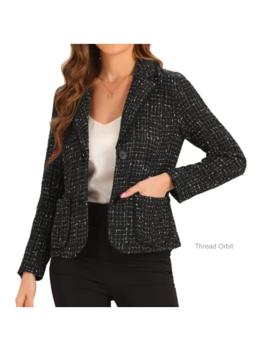 Tweed Blazer Notch Lapel Button Front Business Casual Jacket